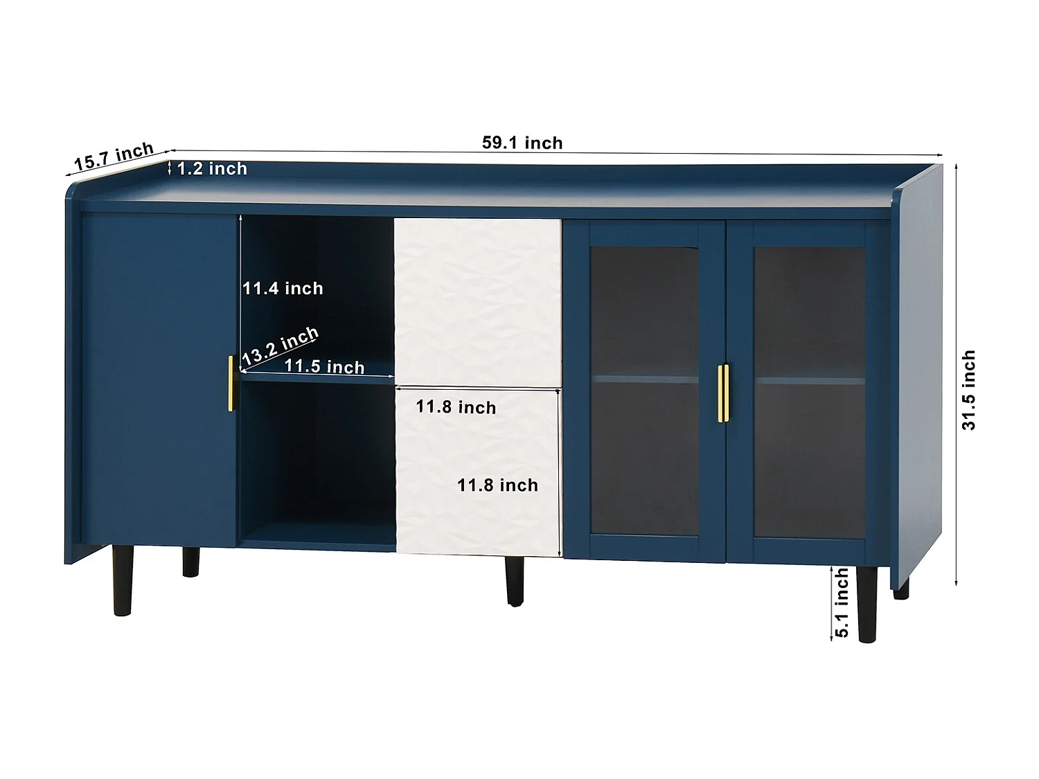 Credenza blu 150cm - Credenza con 2 cassetti e 3 ante - 2 vani portaoggetti aperti - per cucina e soggiorno