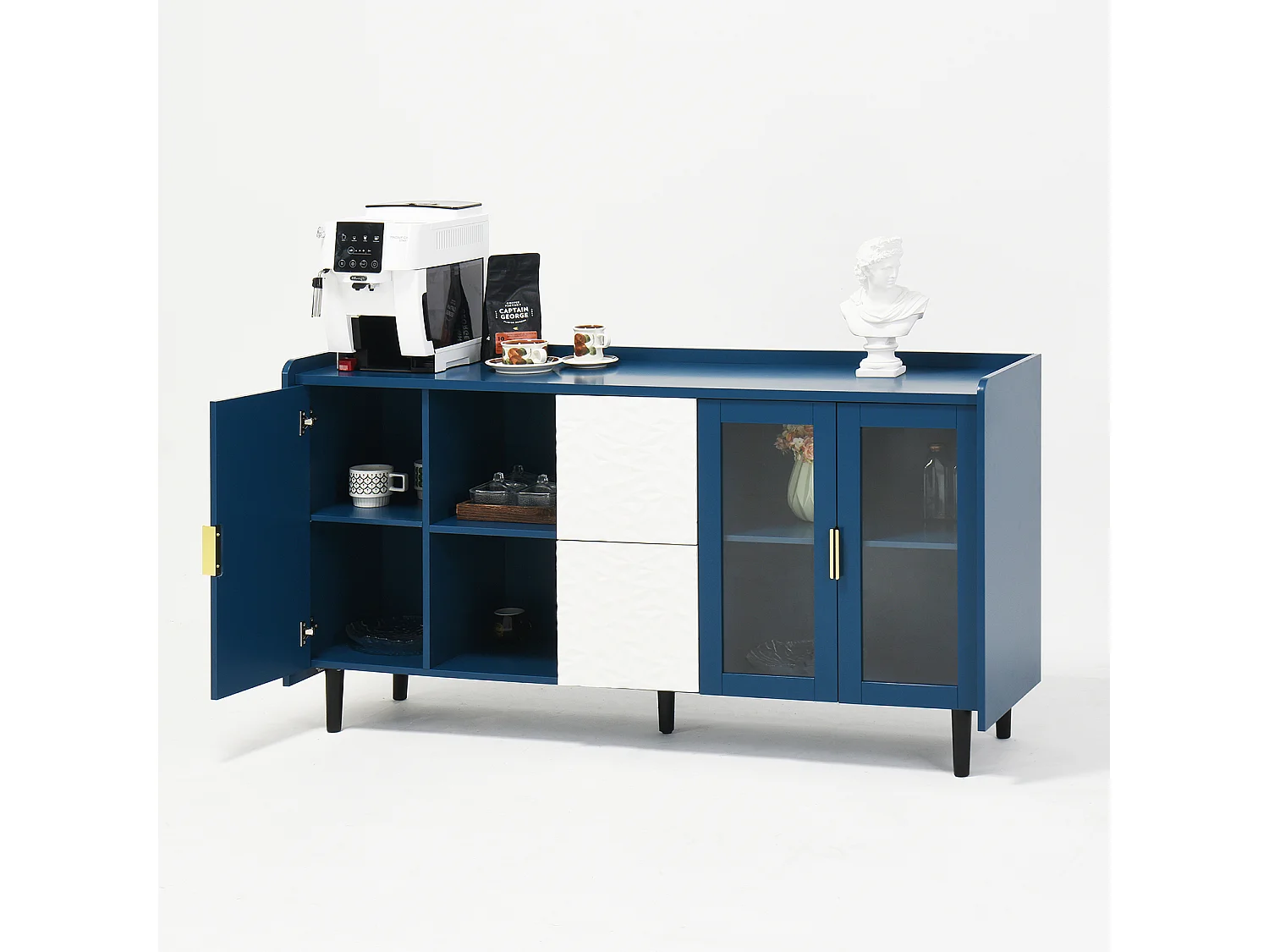 Credenza blu 150cm - Credenza con 2 cassetti e 3 ante - 2 vani portaoggetti aperti - per cucina e soggiorno