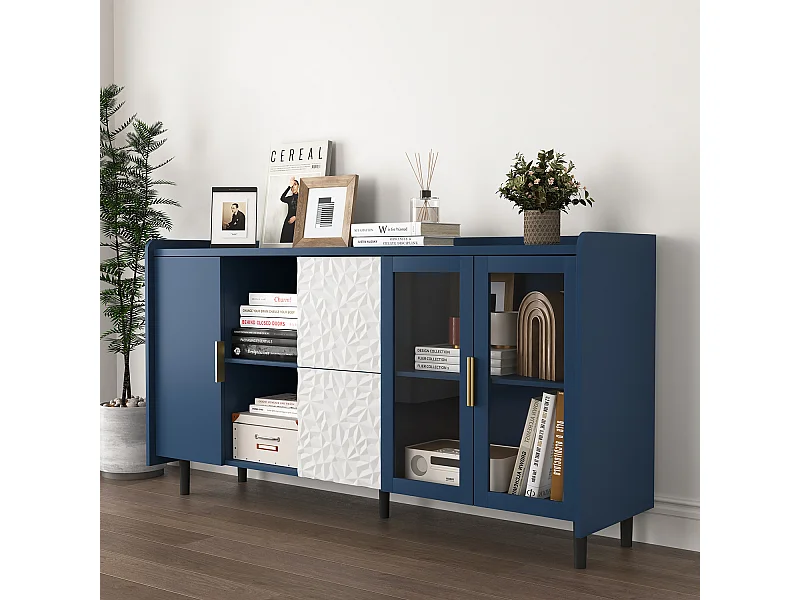 Buffet bleu 150cm - Buffet avec 2 tiroirs et 3 portes - 2 rangements ouverts - pour cuisine et salon