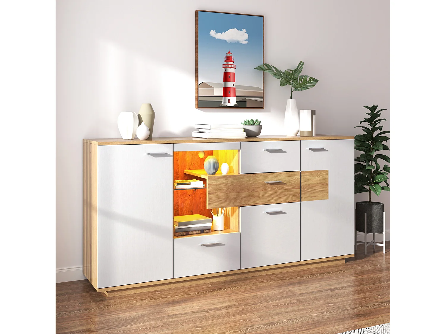 URBAN MEUBLE Buffet blanc et effet bois 2 portes 4 tiroirs avec éclairage LED 16 couleurs