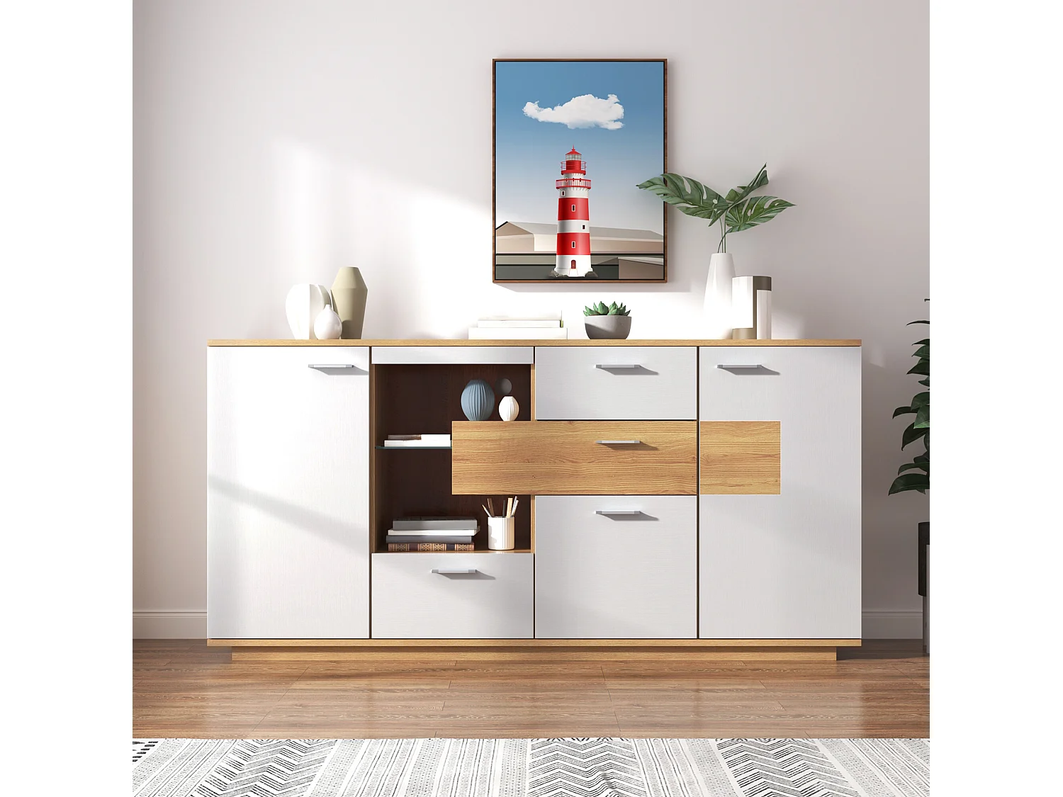 URBAN MEUBLE Buffet blanc et effet bois 2 portes 4 tiroirs avec éclairage LED 16 couleurs