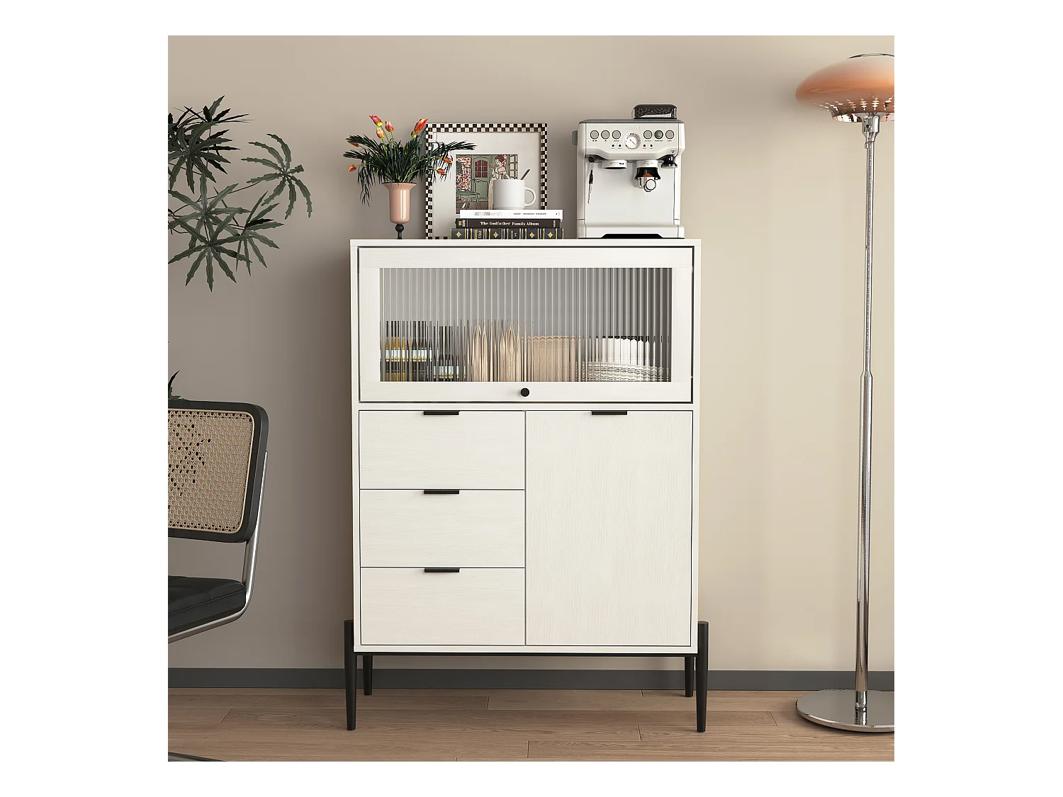 Buffet blanc 85cm - Buffet avec 3 tiroirs et 1 porte en bois 1 porte vitrée - pour salle à manger et salon