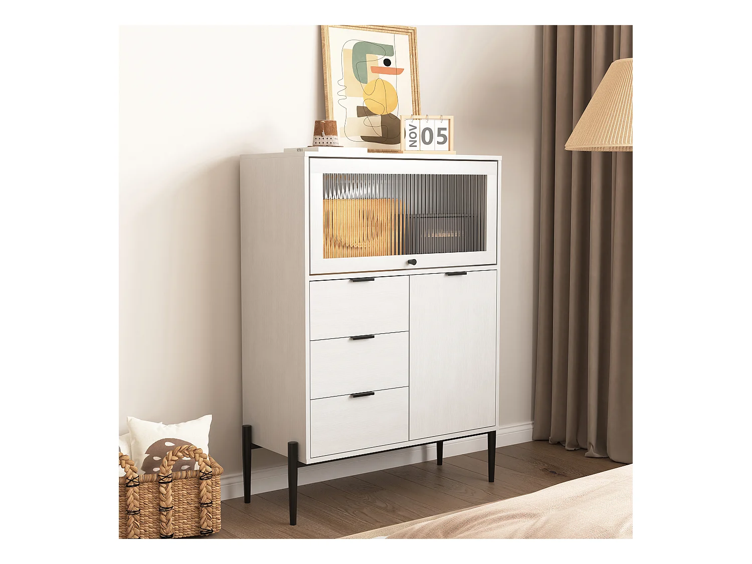 Credenza bianca 85cm - Credenza con 3 cassetti e 1 anta in legno 1 anta in vetro - per sala da pranzo e soggiorno
