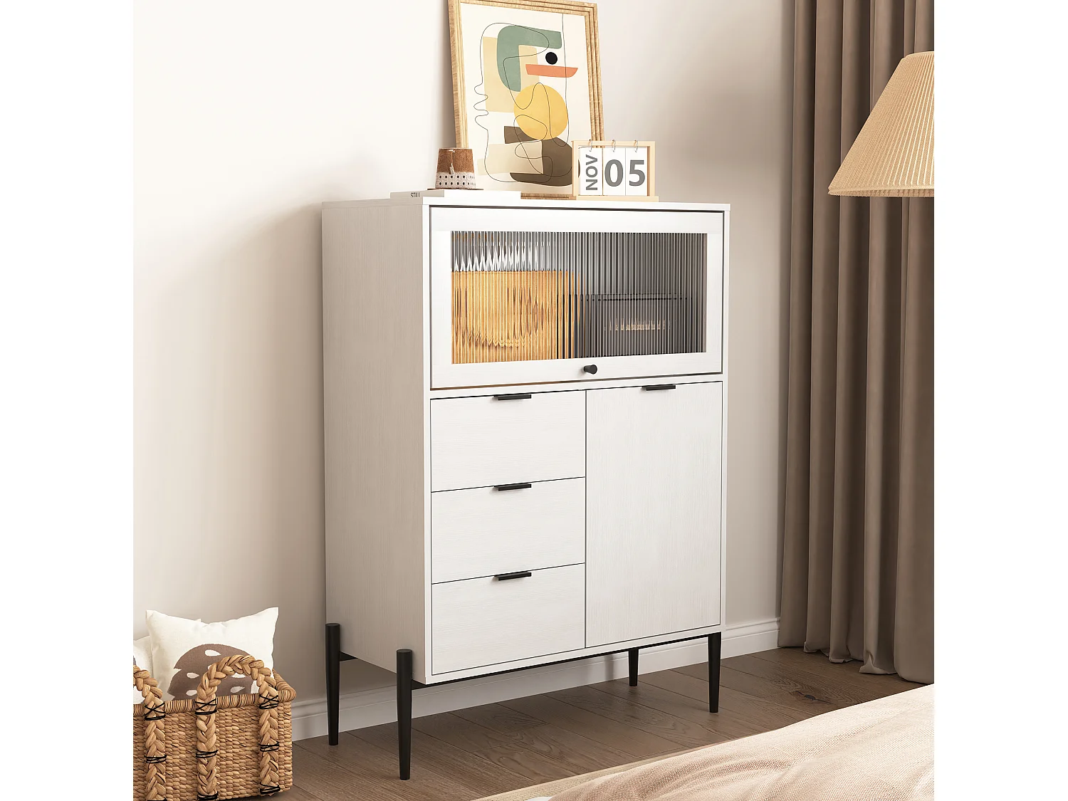 Buffet blanc 85cm - Buffet avec 3 tiroirs et 1 porte en bois 1 porte vitrée - pour salle à manger et salon