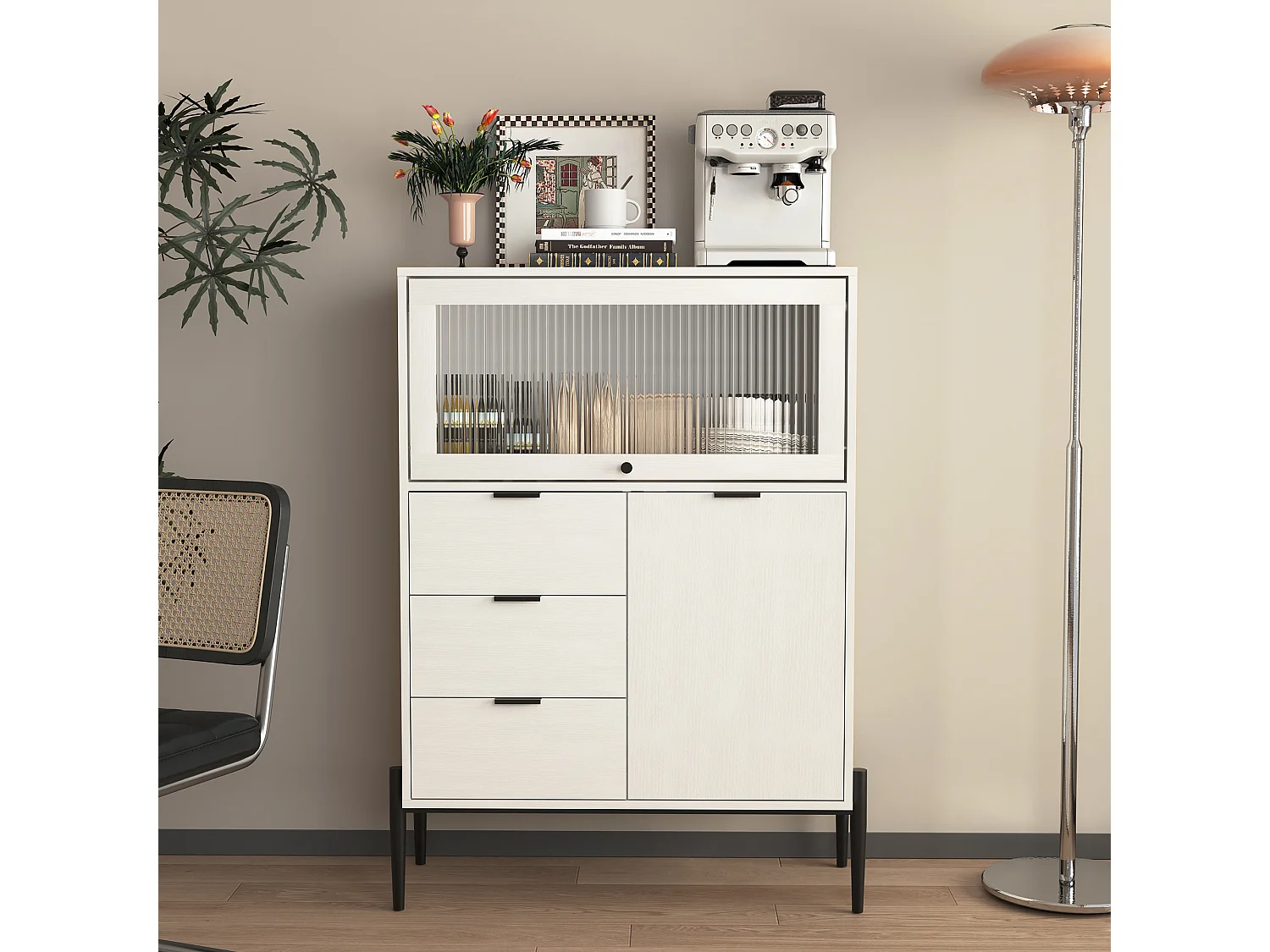 Buffet blanc 85cm - Buffet avec 3 tiroirs et 1 porte en bois 1 porte vitrée - pour salle à manger et salon