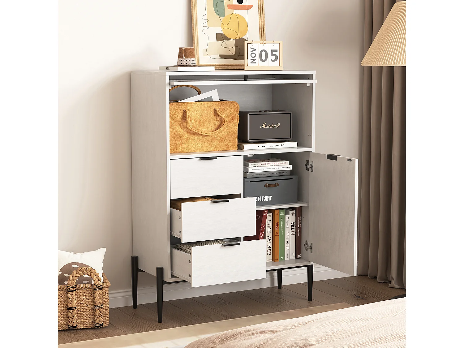 Buffet blanc 85cm - Buffet avec 3 tiroirs et 1 porte en bois 1 porte vitrée - pour salle à manger et salon