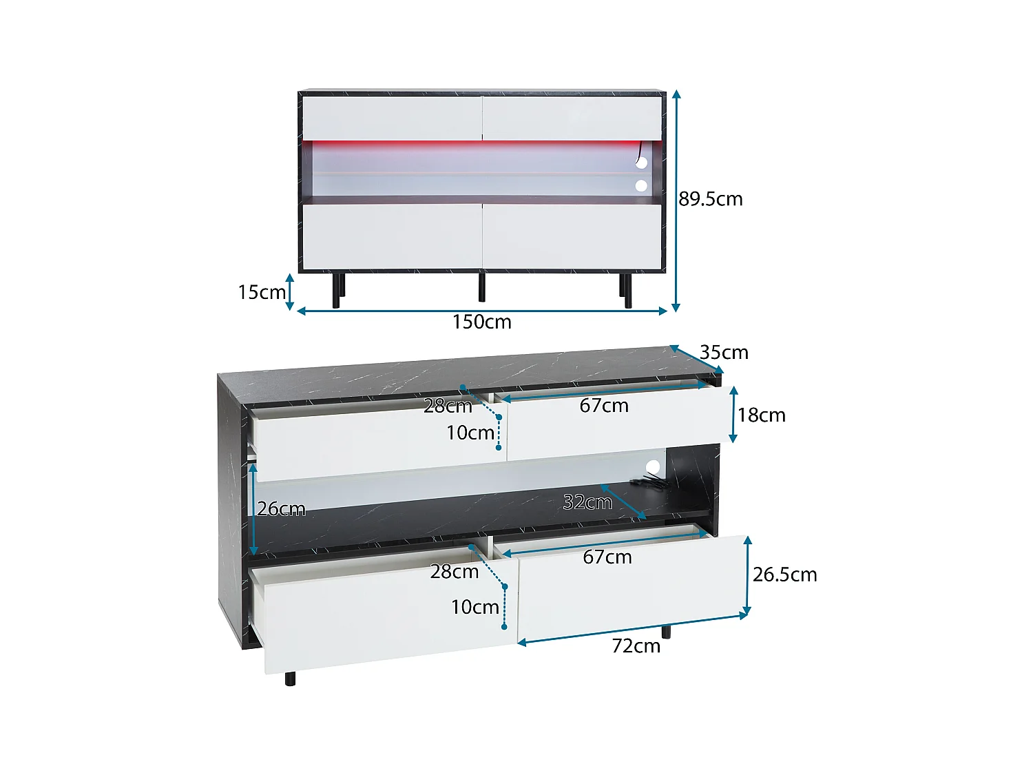 Credenza moderna - Credenza bassa con 4 cassetti e illuminazione a LED - design bianco e nero - per soggiorno e cucina