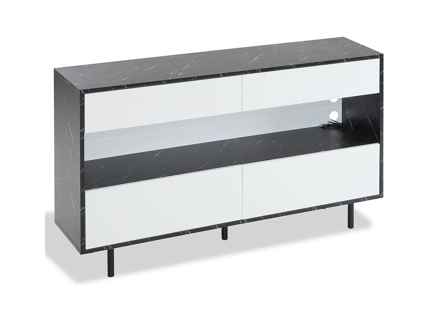 Credenza moderna - Credenza bassa con 4 cassetti e illuminazione a LED - design bianco e nero - per soggiorno e cucina