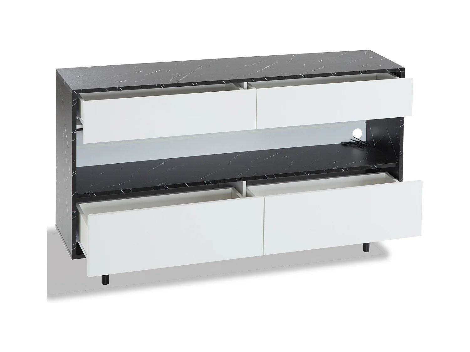 Credenza moderna - Credenza bassa con 4 cassetti e illuminazione a LED - design bianco e nero - per soggiorno e cucina