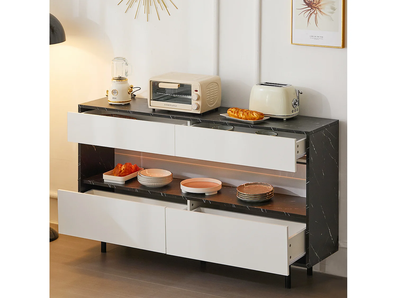 Credenza moderna - Credenza bassa con 4 cassetti e illuminazione a LED - design bianco e nero - per soggiorno e cucina