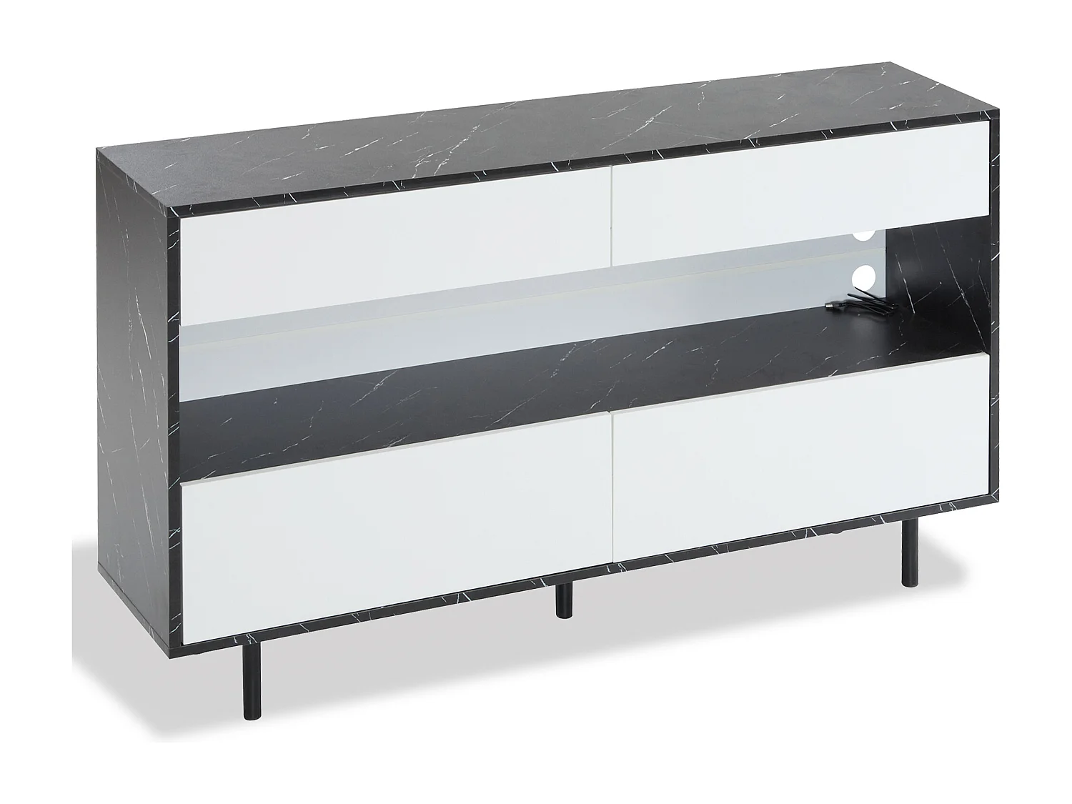 Credenza moderna - Credenza bassa con 4 cassetti e illuminazione a LED - design bianco e nero - per soggiorno e cucina
