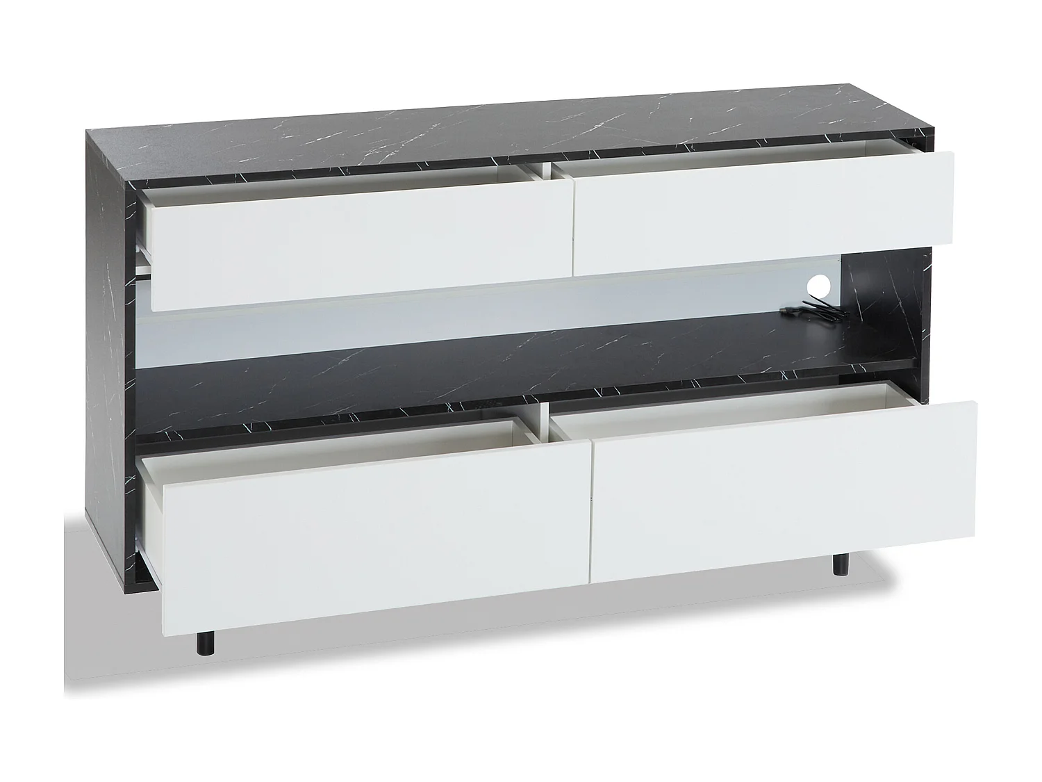 Credenza moderna - Credenza bassa con 4 cassetti e illuminazione a LED - design bianco e nero - per soggiorno e cucina