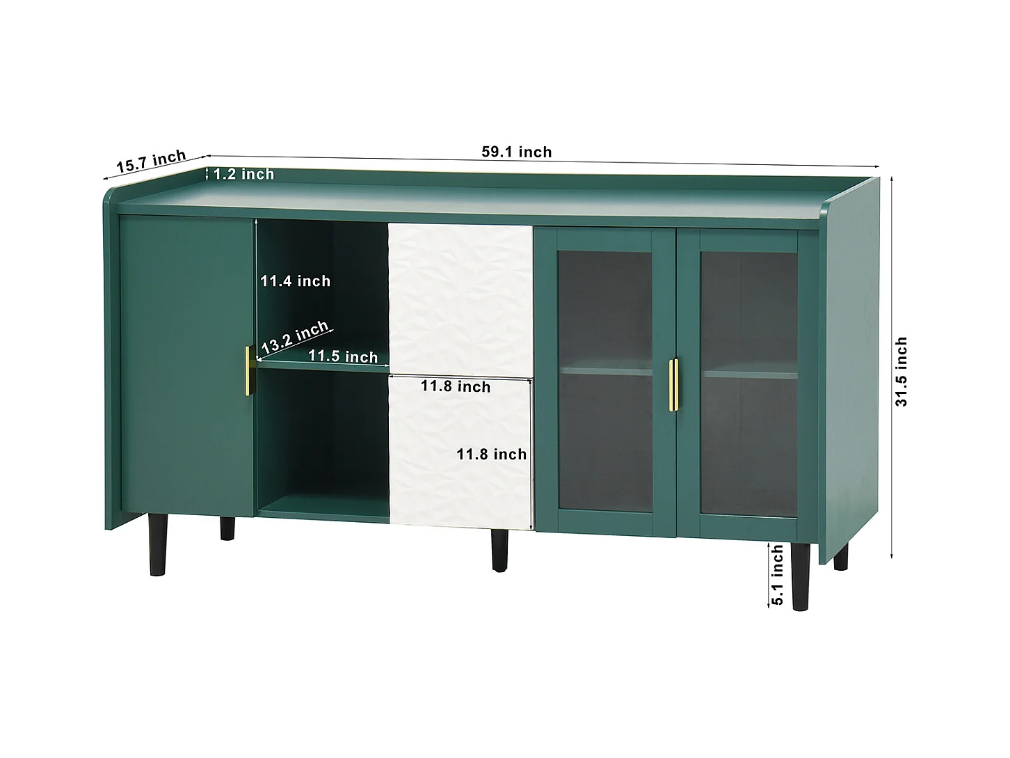 Buffet vert 150cm - Buffet avec 2 tiroirs et 3 portes - 2 rangements ouverts - pour cuisine et salon