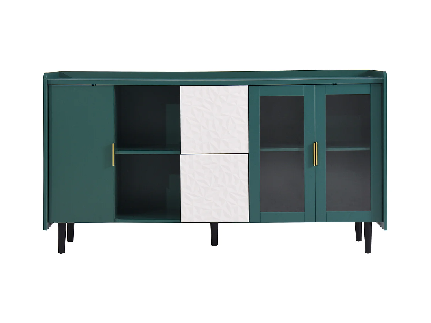 Buffet vert 150cm - Buffet avec 2 tiroirs et 3 portes - 2 rangements ouverts - pour cuisine et salon