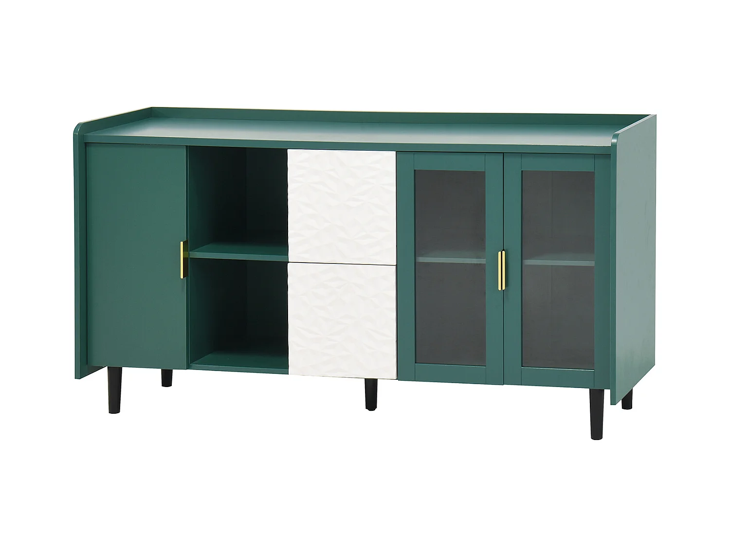 Buffet vert 150cm - Buffet avec 2 tiroirs et 3 portes - 2 rangements ouverts - pour cuisine et salon