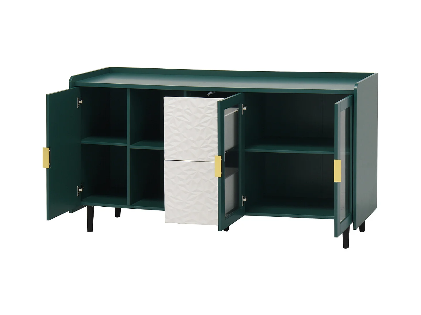 Buffet vert 150cm - Buffet avec 2 tiroirs et 3 portes - 2 rangements ouverts - pour cuisine et salon