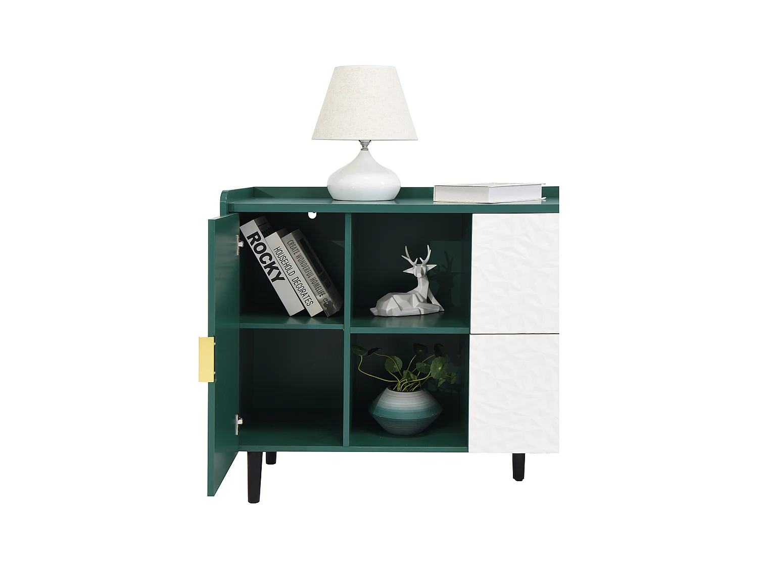 Buffet vert 150cm - Buffet avec 2 tiroirs et 3 portes - 2 rangements ouverts - pour cuisine et salon