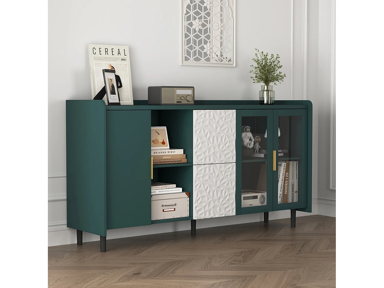Credenza verde 150cm - Credenza con 2 cassetti e 3 ante - 2 vani portaoggetti aperti - per cucina e soggiorno