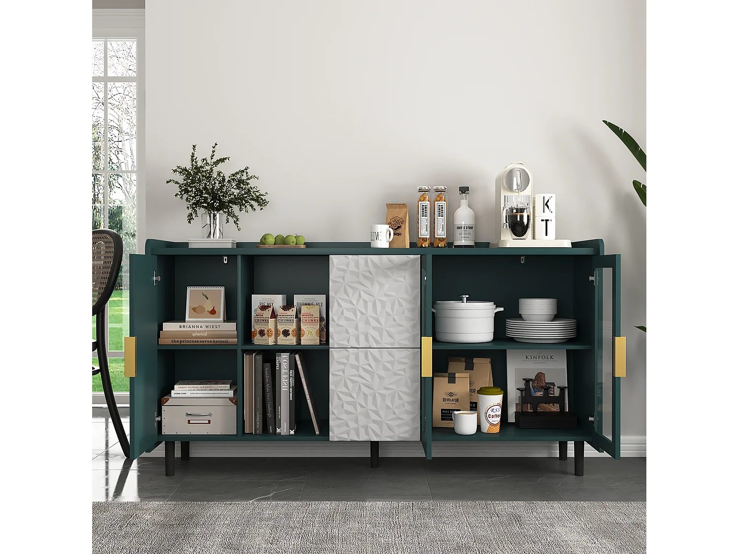 Credenza verde 150cm - Credenza con 2 cassetti e 3 ante - 2 vani portaoggetti aperti - per cucina e soggiorno