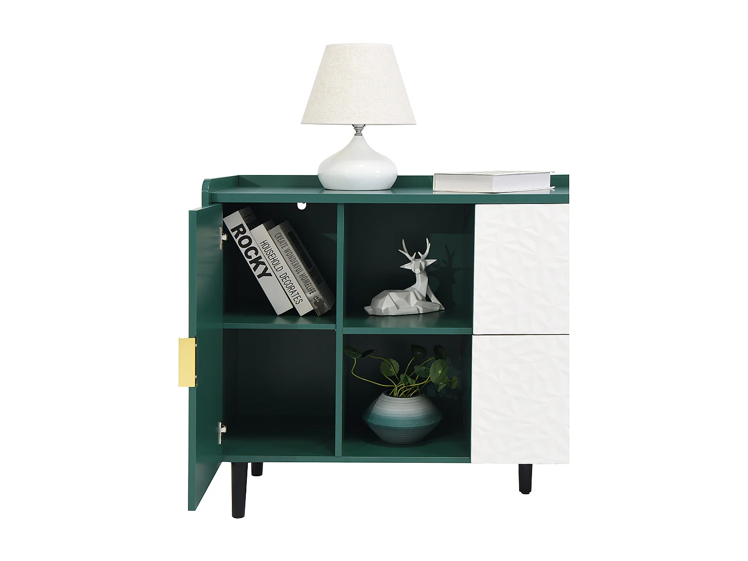 Credenza verde 150cm - Credenza con 2 cassetti e 3 ante - 2 vani portaoggetti aperti - per cucina e soggiorno