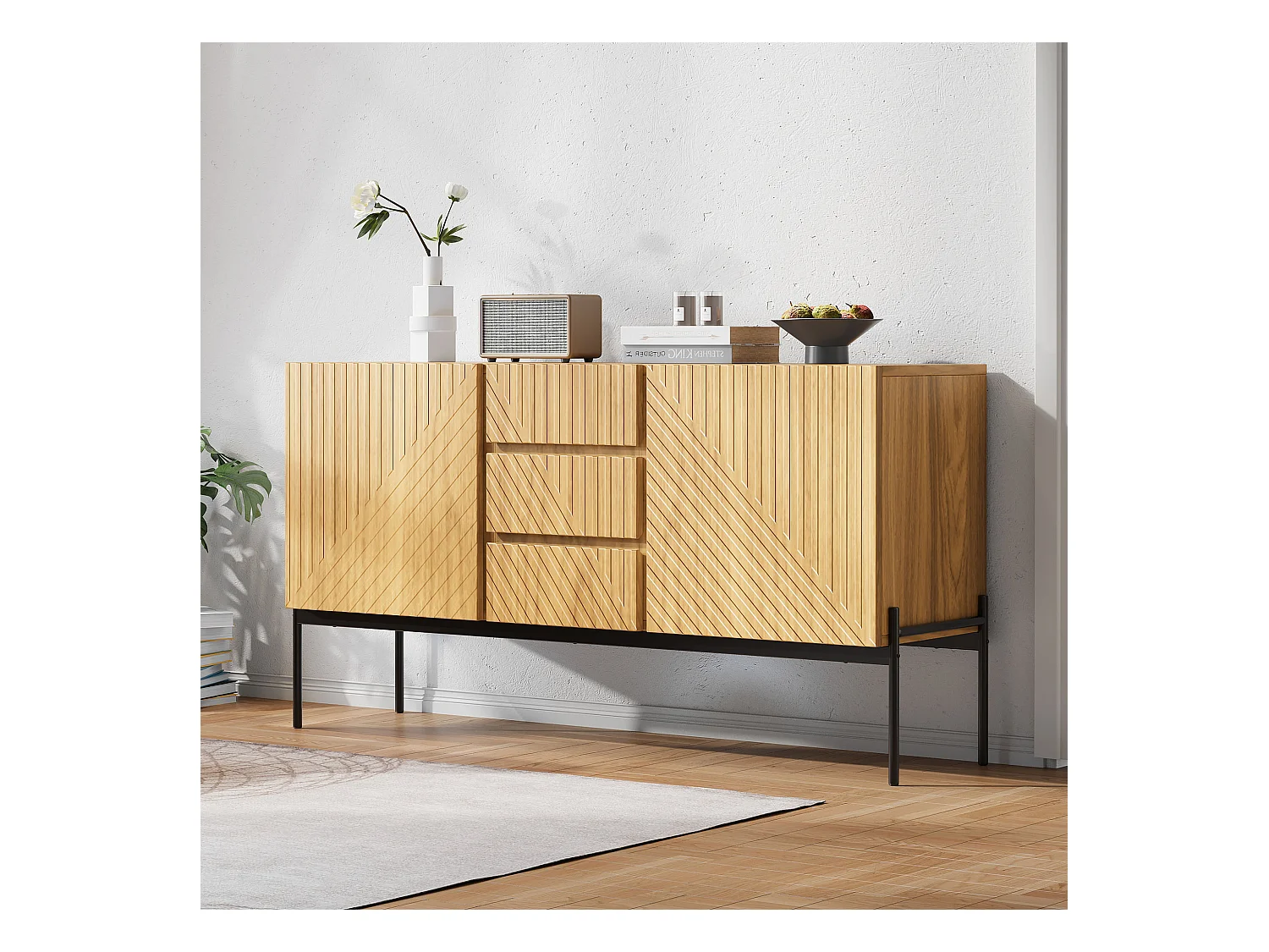 Credenza rettangolare naturale 140 cm - Credenza con 2 ante e 3 cassetti - gambe in metallo nero - per sala da pranzo e soggiorno
