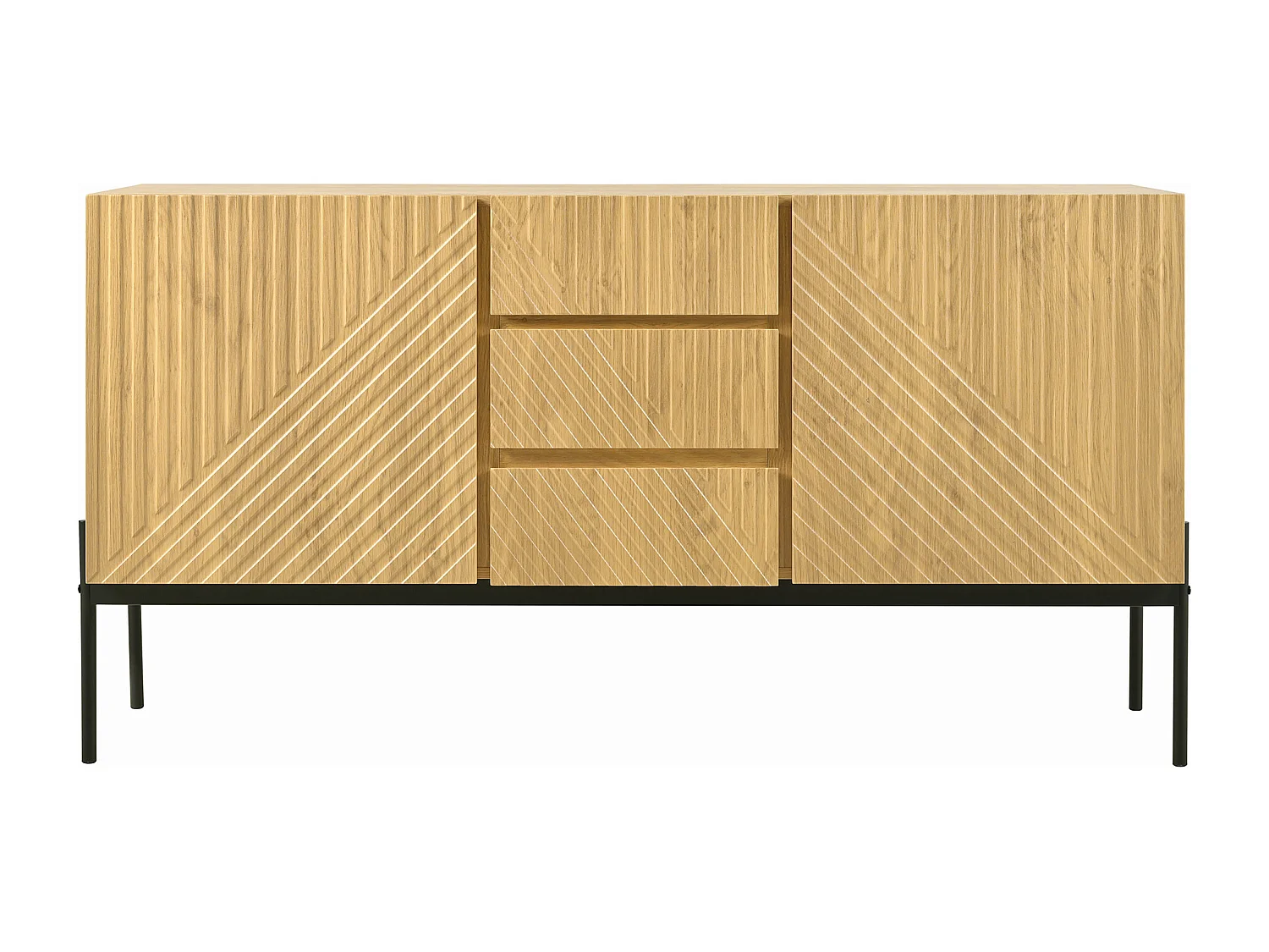 Buffet rectangulaire naturel 140 cm - Buffet 2 portes et 3 tiroirs - pieds en métal noir - pour salle à manger et salon