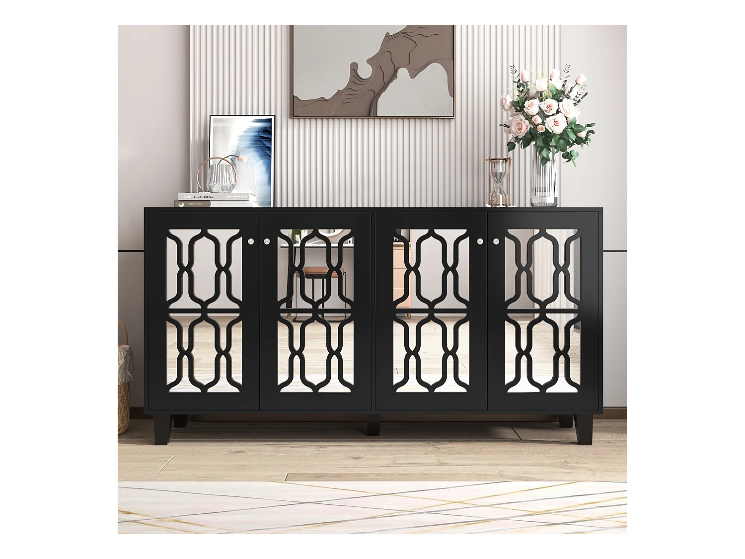 Buffet noir - avec 4 portes miroir - poignées transparentes - pieds en bois - pour salon et salle à manger