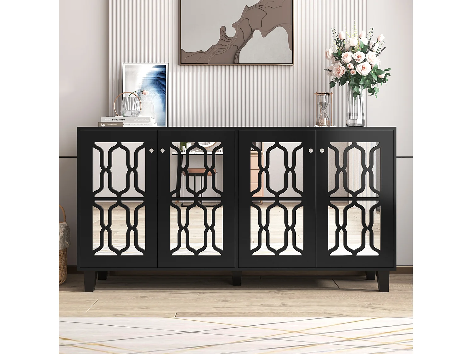 Buffet noir - avec 4 portes miroir - poignées transparentes - pieds en bois - pour salon et salle à manger