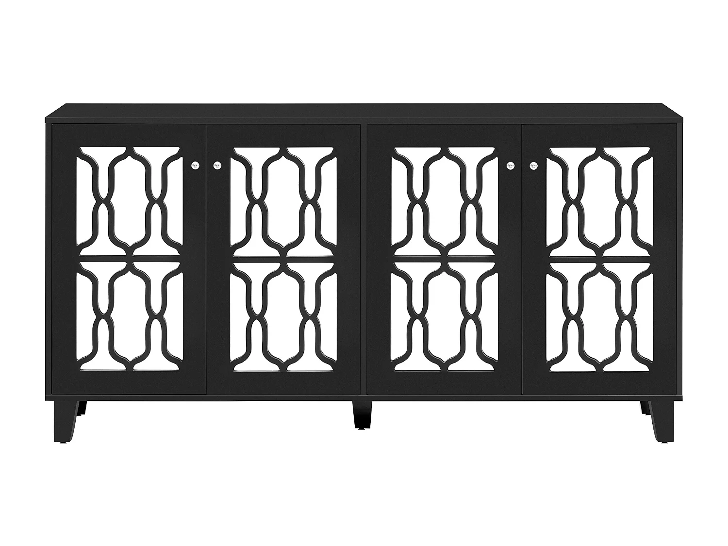 Buffet noir - avec 4 portes miroir - poignées transparentes - pieds en bois - pour salon et salle à manger