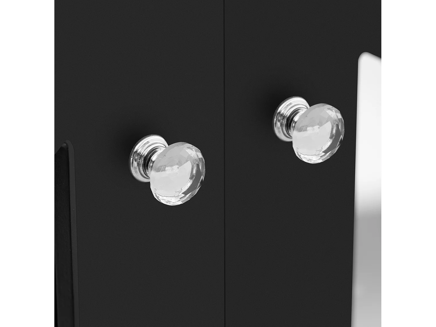 Buffet noir - avec 4 portes miroir - poignées transparentes - pieds en bois - pour salon et salle à manger