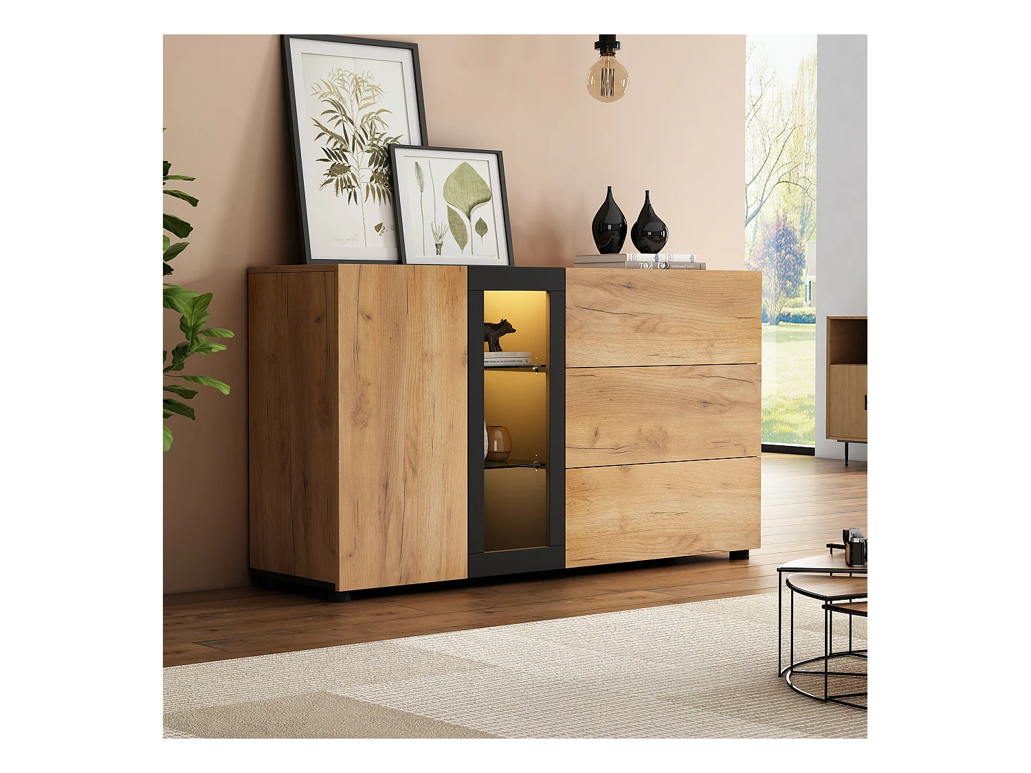 Aparador marrón 140 cm - aparador con 3 cajones y 1 puerta - iluminación LED - para comedor y salón