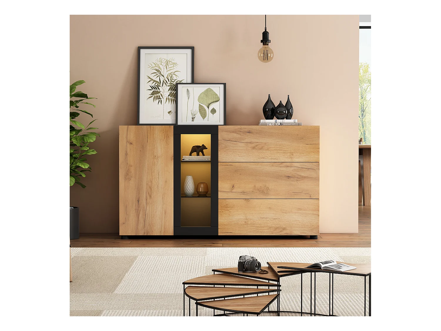 Aparador marrón 140 cm - aparador con 3 cajones y 1 puerta - iluminación LED - para comedor y salón