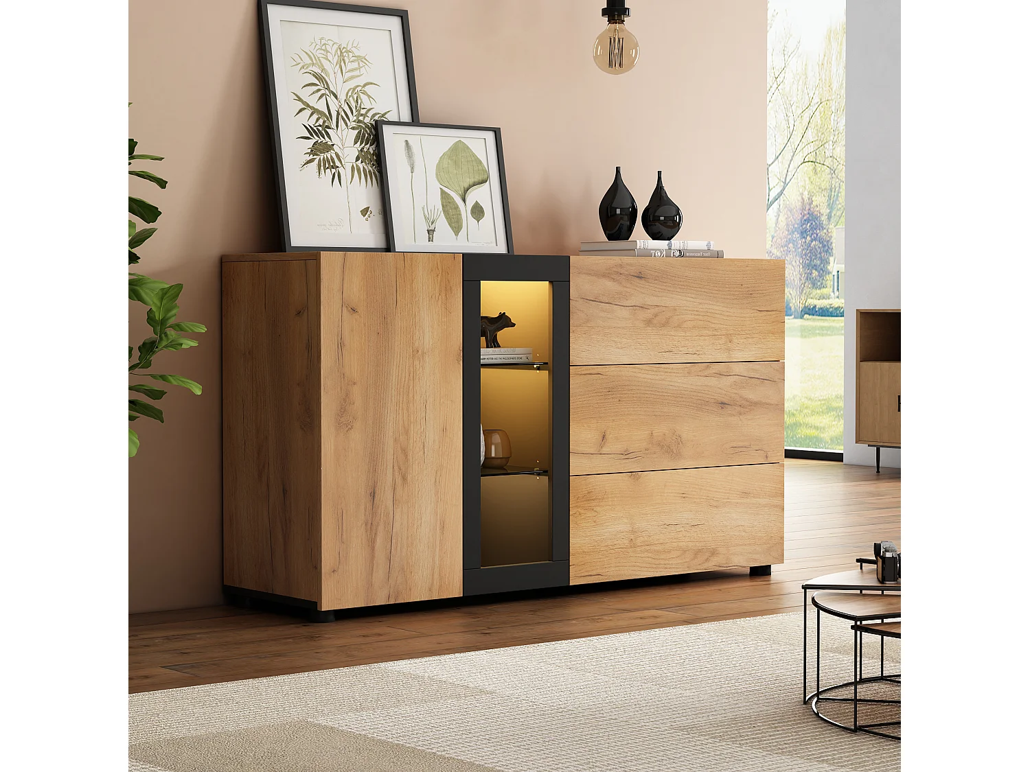 Credenza marrone 140 cm - credenza con 3 cassetti e 1 anta - illuminazione a LED - per sala da pranzo e soggiorno