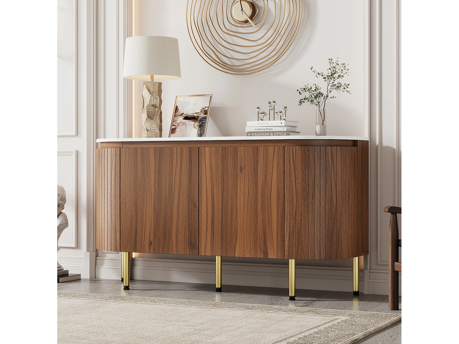 Aparador arqueado 145x43x78cm - Aparador con estantes regulables y 4 puertas - para salón y comedor - nogal