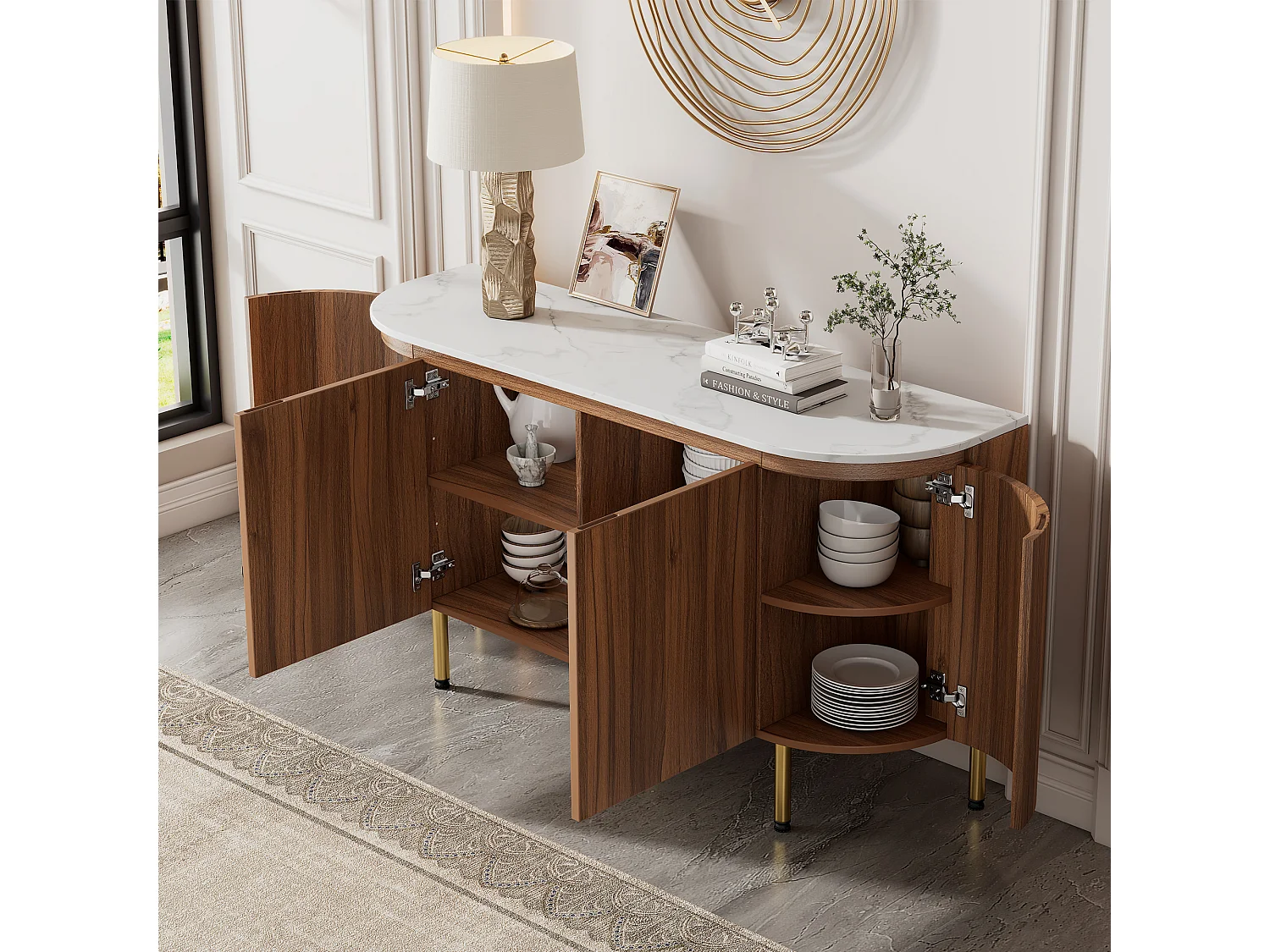 Aparador arqueado 145x43x78cm - Aparador con estantes regulables y 4 puertas - para salón y comedor - nogal