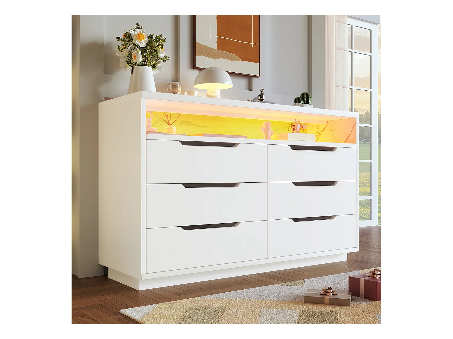Aparador 120x40x85 cm - Mueble de almacenaje con iluminación LED y 6 cajones - aglomerado blanco - para salón y dormitorio