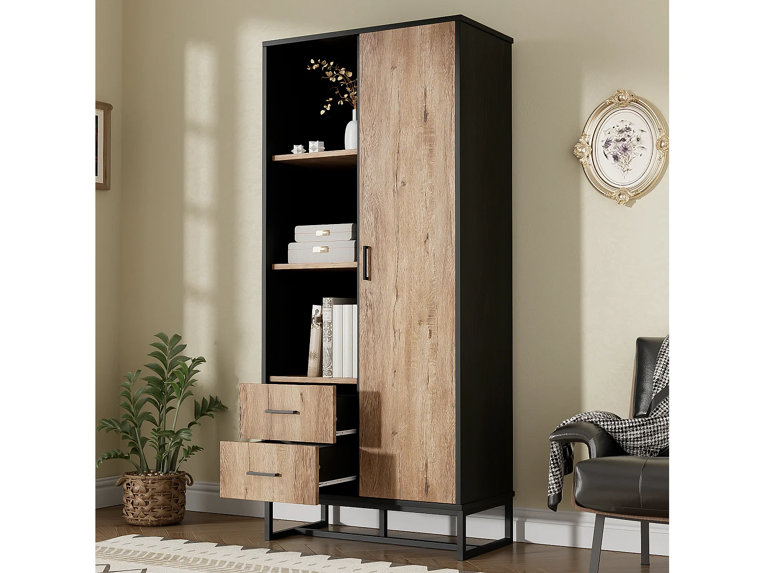 Hoge dressoir met 1 deur, 2 lades en 3 open planken, zwart en eiken