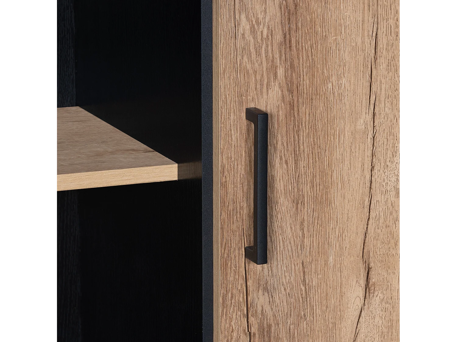 Hoge dressoir met 1 deur, 2 lades en 3 open planken, zwart en eiken