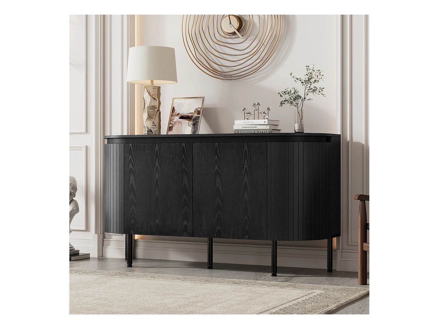 Buffet arqué noir - Buffet avec étagères réglables et 4 portes - pour salon et salle à manger