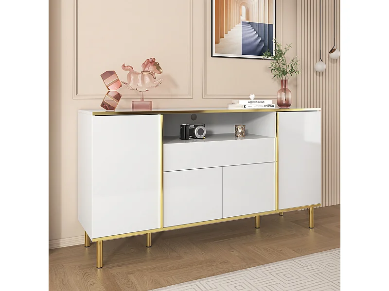 URBAN MEUBLE Buffet moderne luxe blanc avec éclairage LED accents dorés brillant