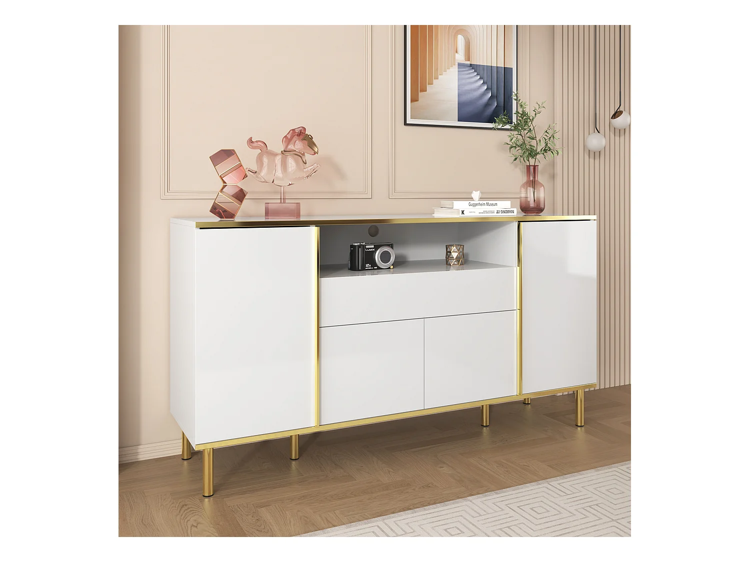 URBAN MEUBLE Buffet moderne luxe blanc avec éclairage LED accents dorés brillant