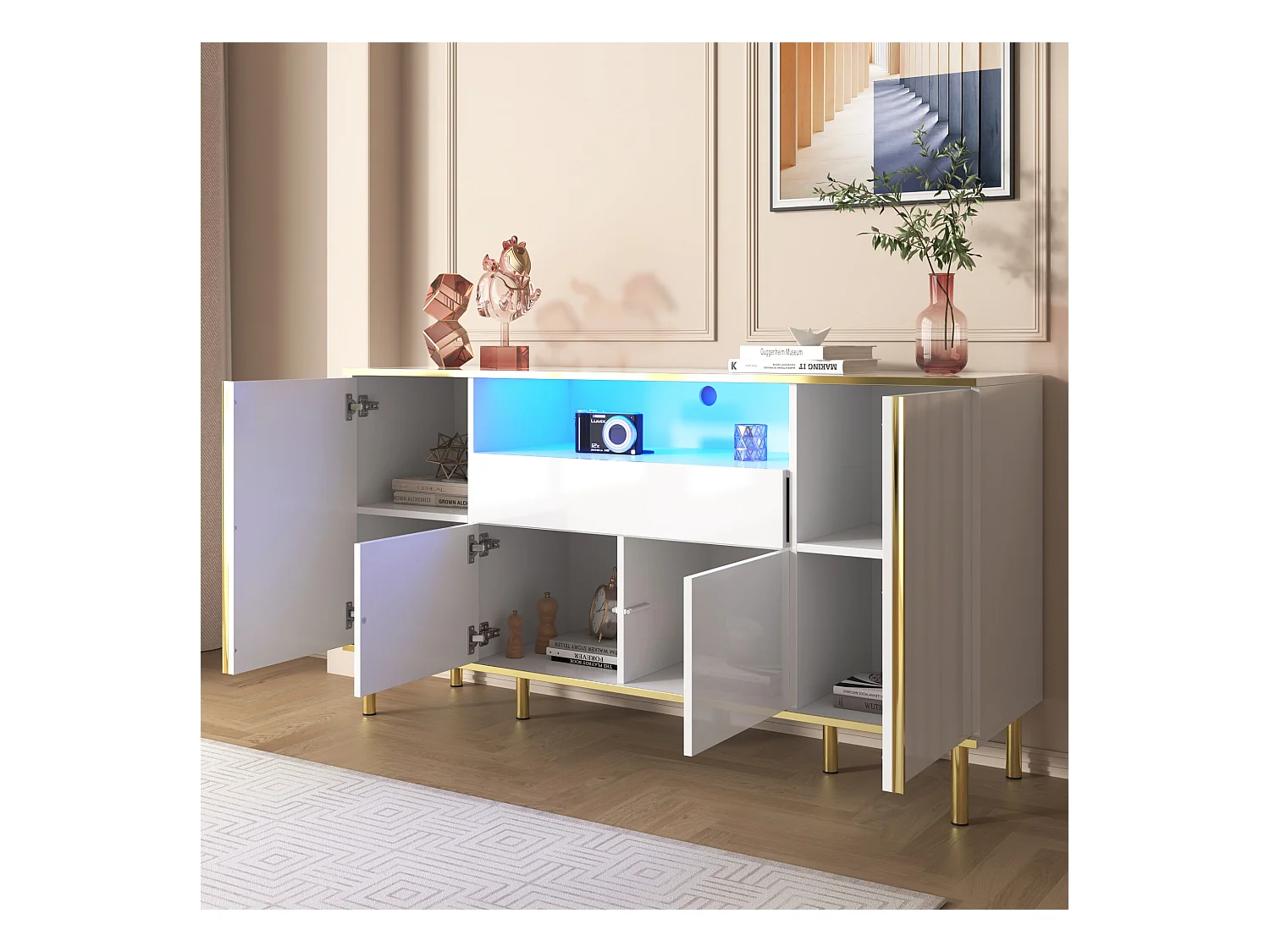 URBAN MEUBLE Buffet moderne luxe blanc avec éclairage LED accents dorés brillant
