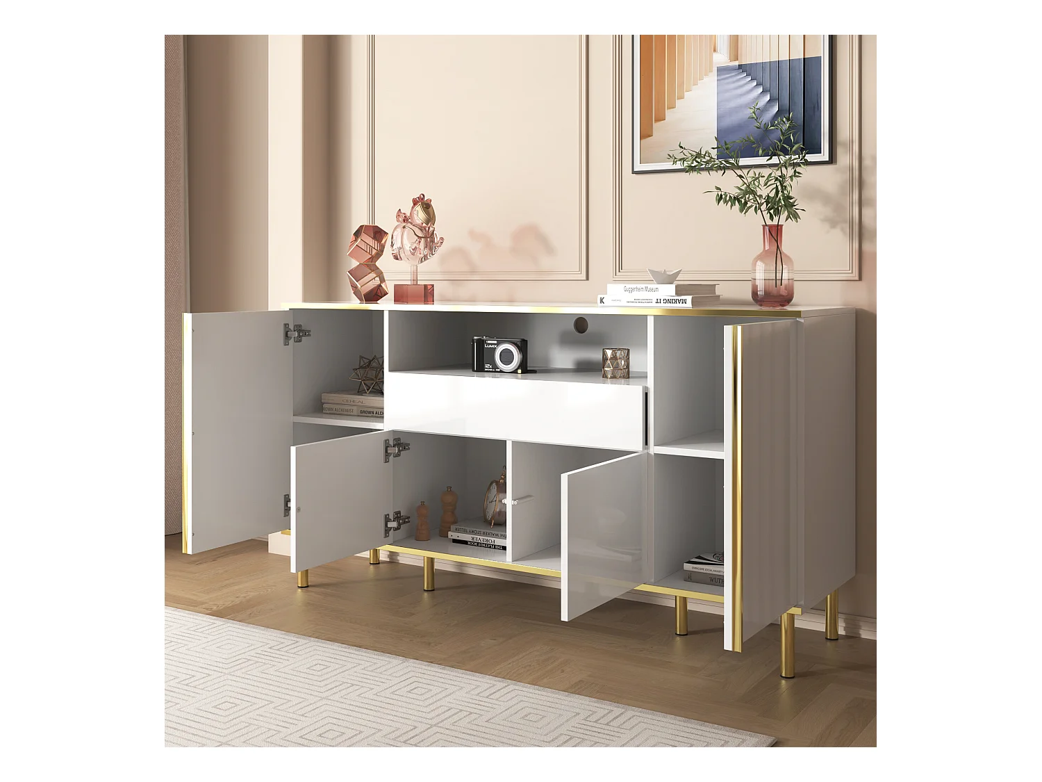 URBAN MEUBLE Buffet moderne luxe blanc avec éclairage LED accents dorés brillant