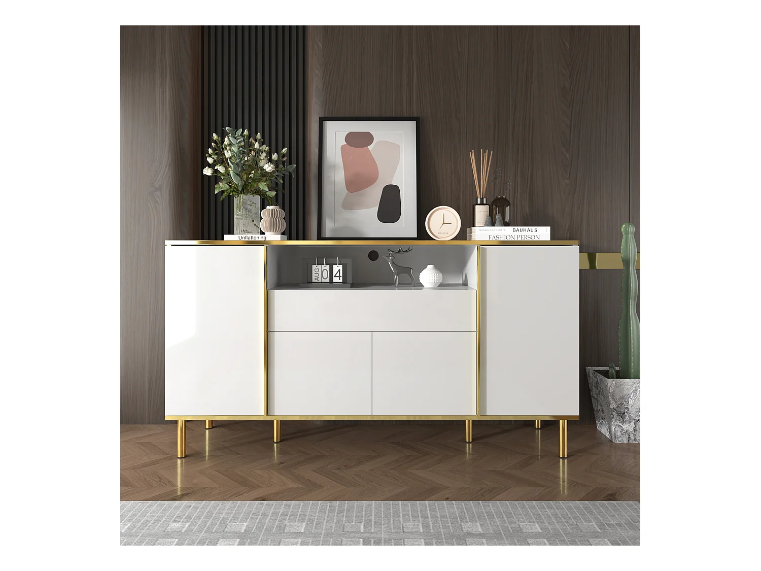 URBAN MEUBLE Buffet moderne luxe blanc avec éclairage LED accents dorés brillant
