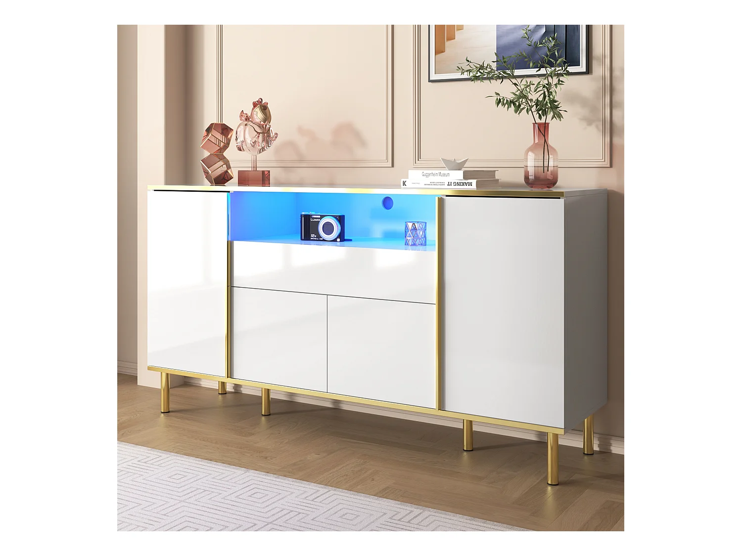 URBAN MEUBLE Buffet moderne luxe blanc avec éclairage LED accents dorés brillant