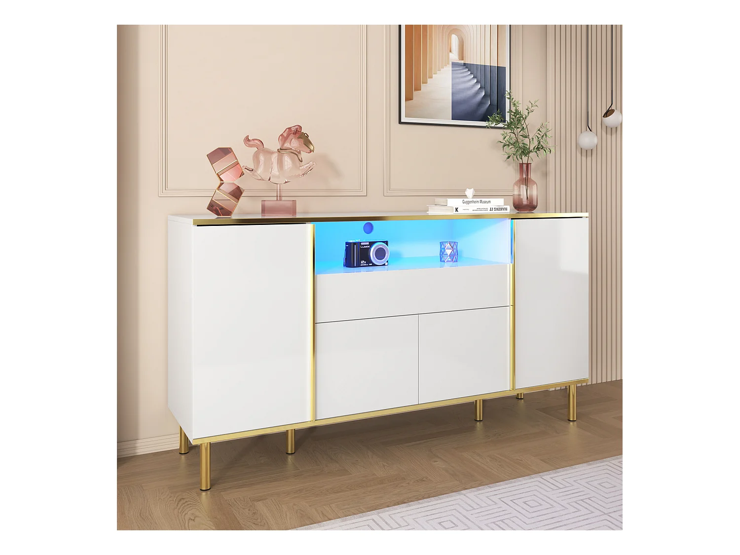 URBAN MEUBLE Buffet moderne luxe blanc avec éclairage LED accents dorés brillant