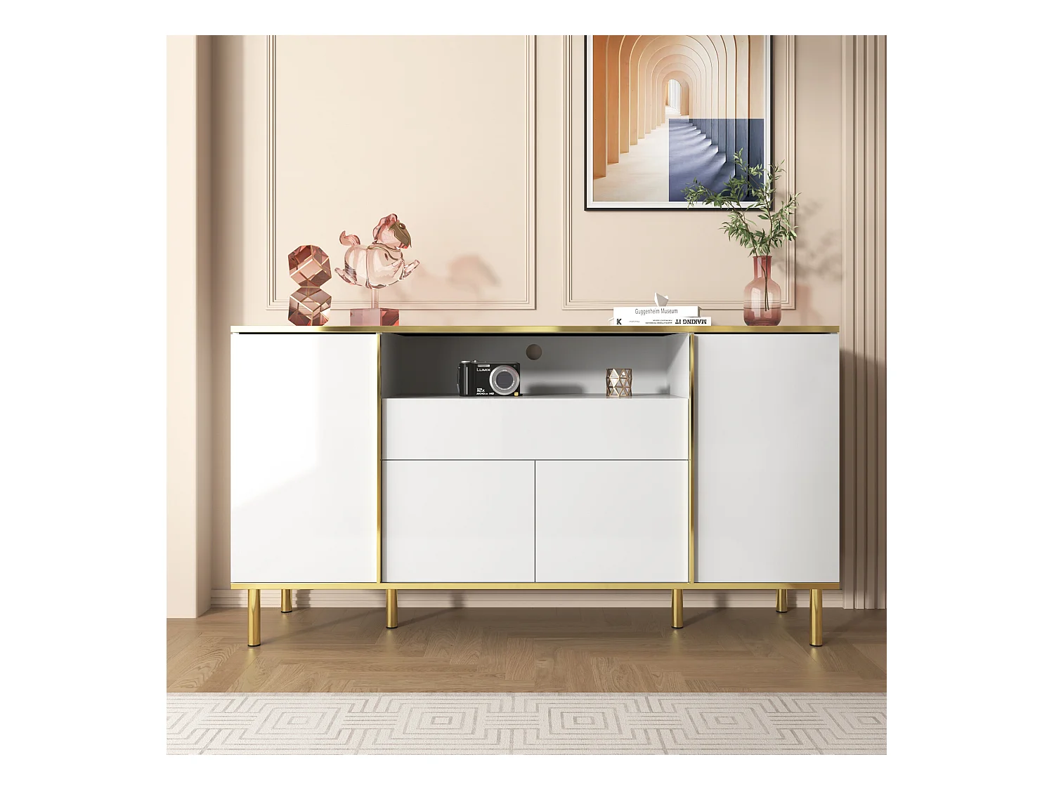 URBAN MEUBLE Buffet moderne luxe blanc avec éclairage LED accents dorés brillant