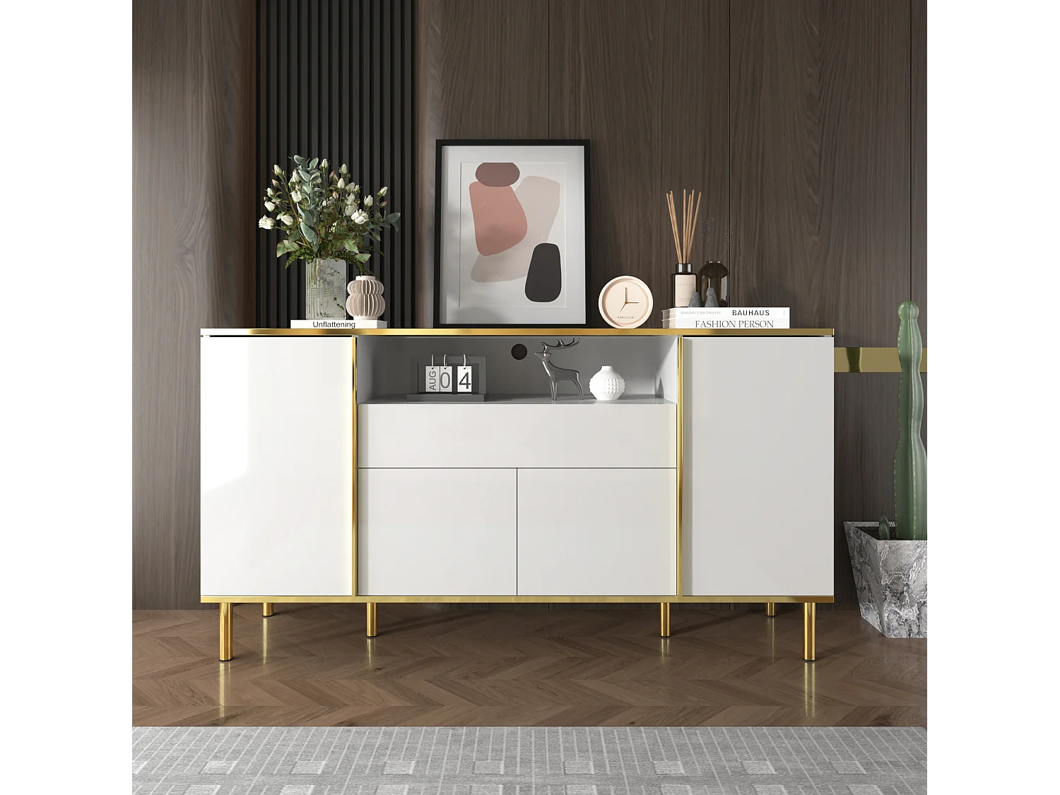 URBAN MEUBLE Buffet moderne luxe blanc avec éclairage LED accents dorés brillant