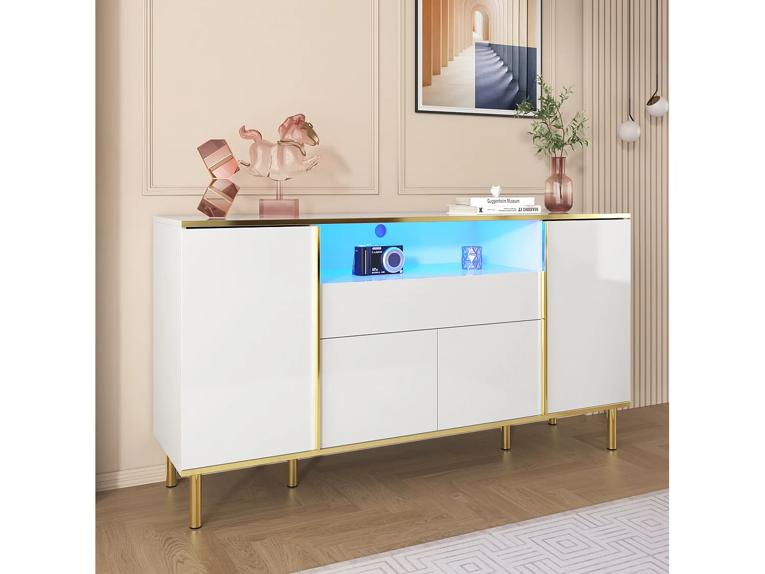 URBAN MEUBLE Buffet moderne luxe blanc avec éclairage LED accents dorés brillant