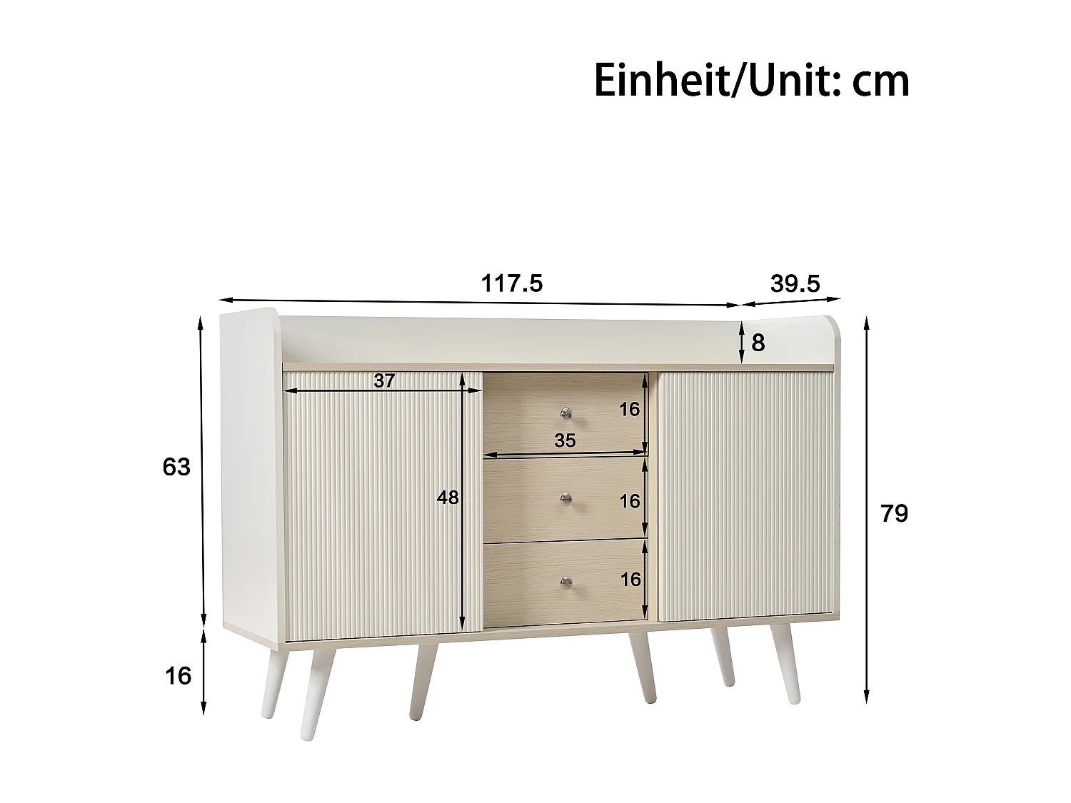 Buffet 117 x 39 x 79 cm - avec 2 portes et 3 tiroirs - blanc et couleur bois - pour chambre et salon